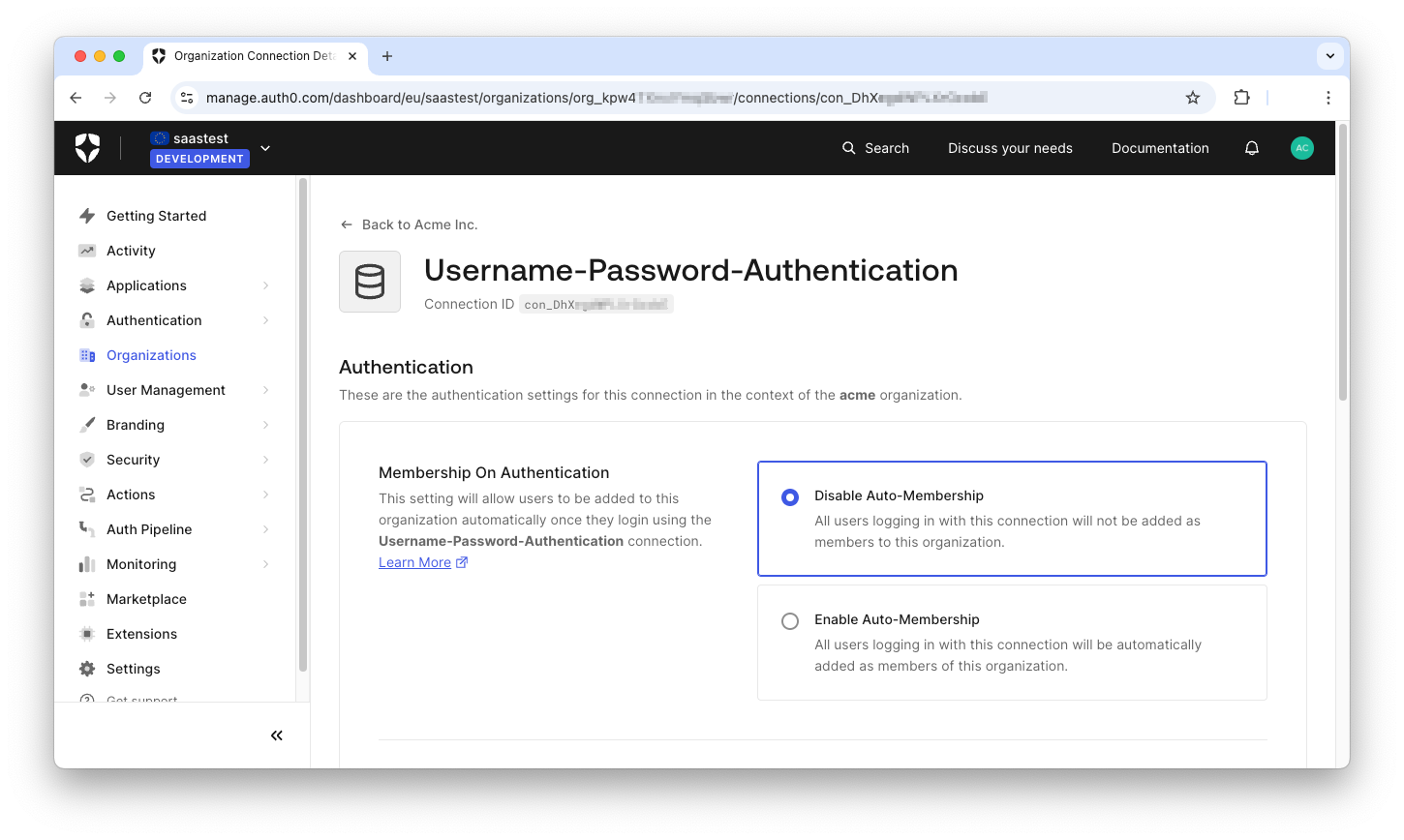 Connnection configuration for Auth0 Organization