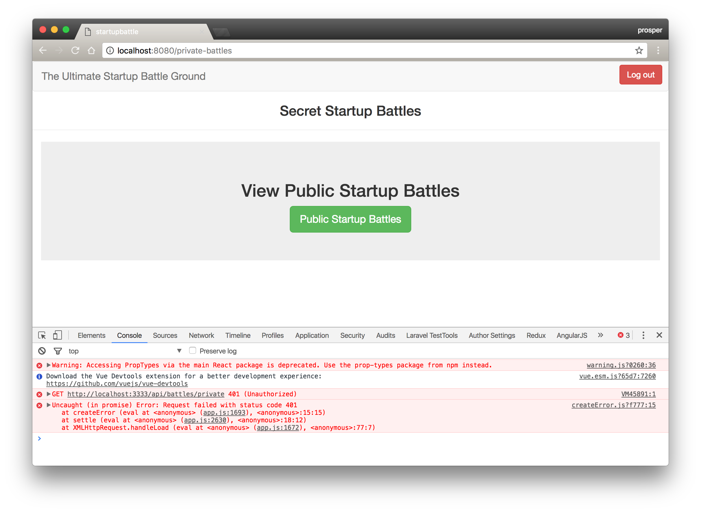 Logged In and Unauthorized to see the Private Startup Battle