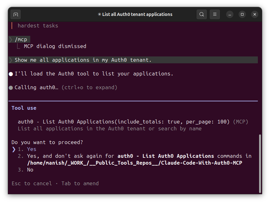 Claude Code permission for using Auth0 tool