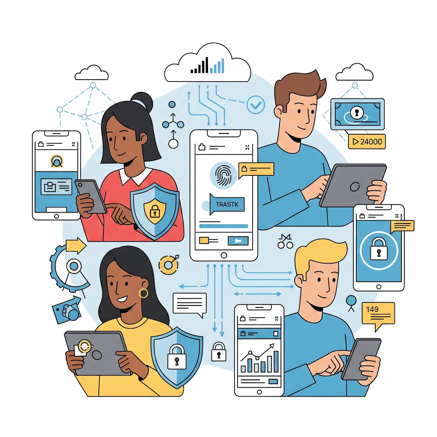 Illustration with 4 individuals looking at mobile devices