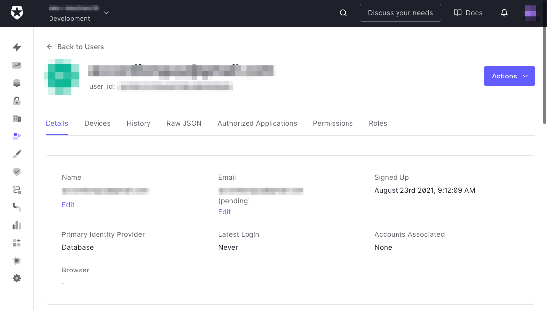 The “Details” page for the newly created user in the Auth0 dashboard.