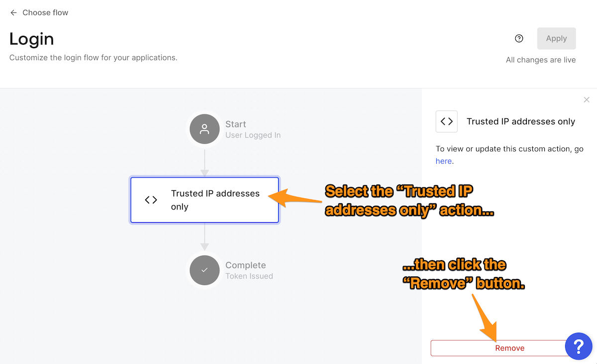 Auth0 "Login" flow page, with instructions to select the "Trusted IP addresses only" Action, followed by the "Remove" button.