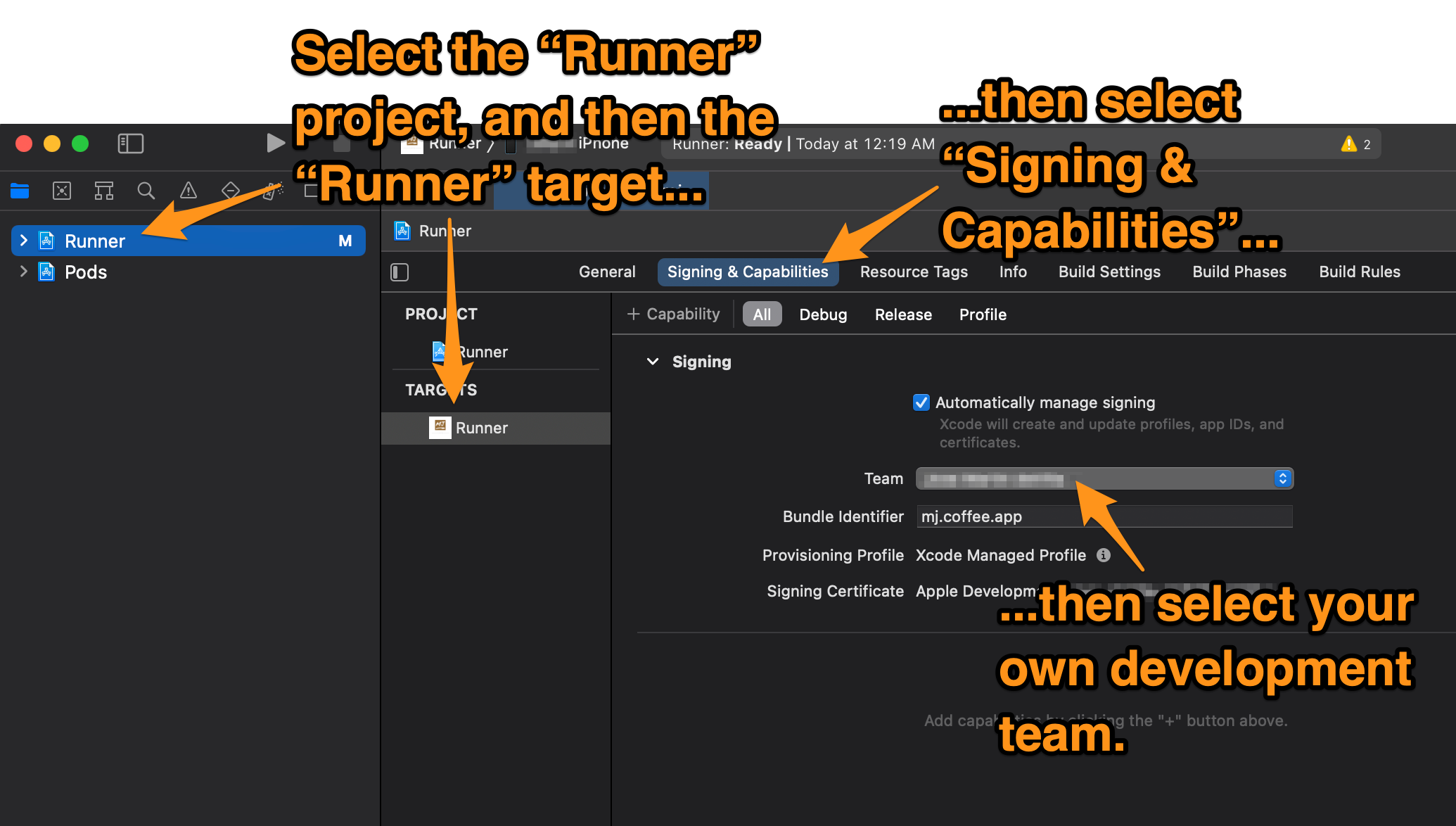 Screenshot of Xcode. The reader is instructed to select the “Runner” project and then the “Runner” target, then select “Signing and Capabilities”, and finally select their development team.