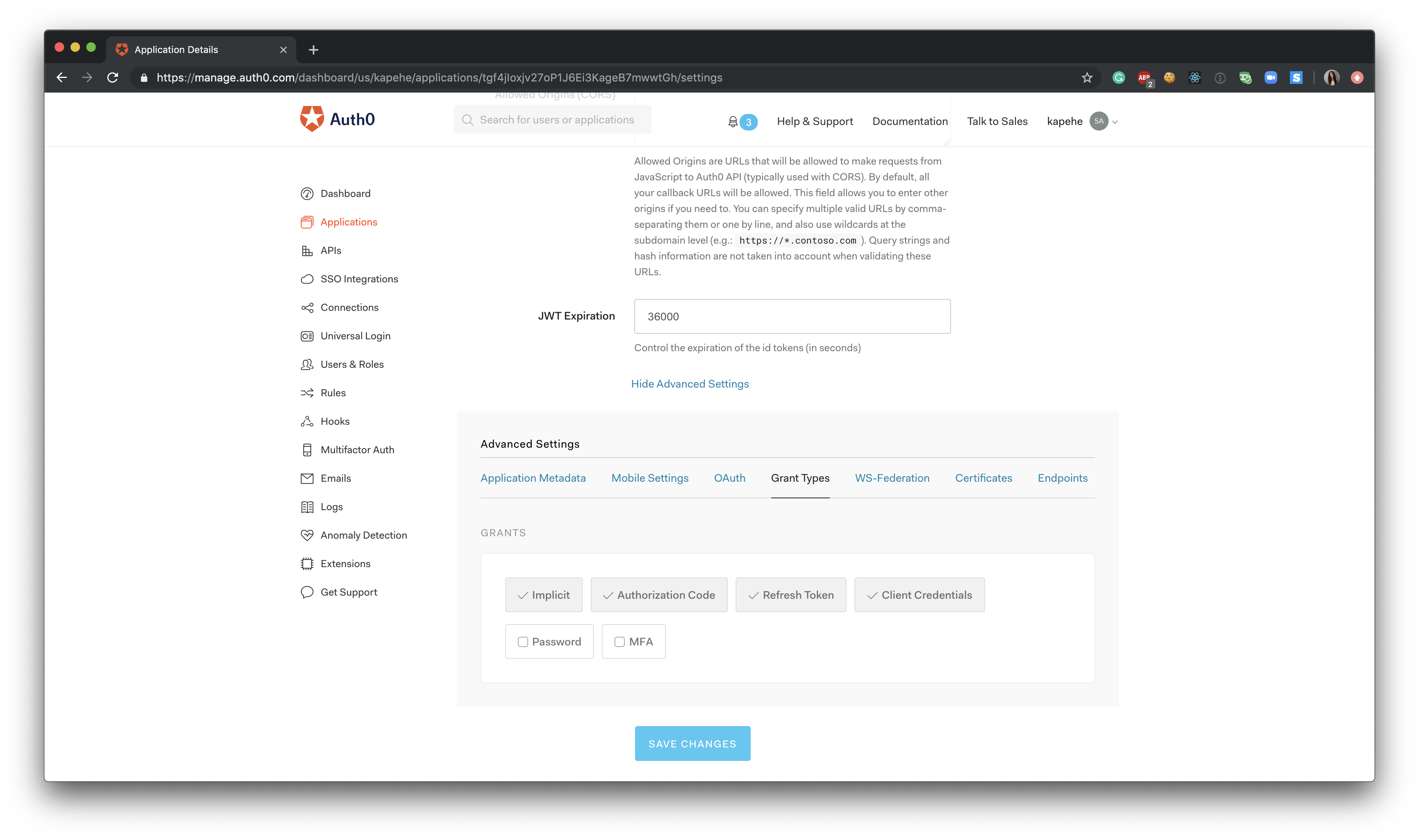 Auth0 Dashboard view of Client Credentials