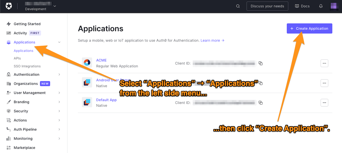 The “Applications” page of the Auth0 dashboard, with instructions to select “Applications/Applications” from the left-side menu and click the “Create Application” button.