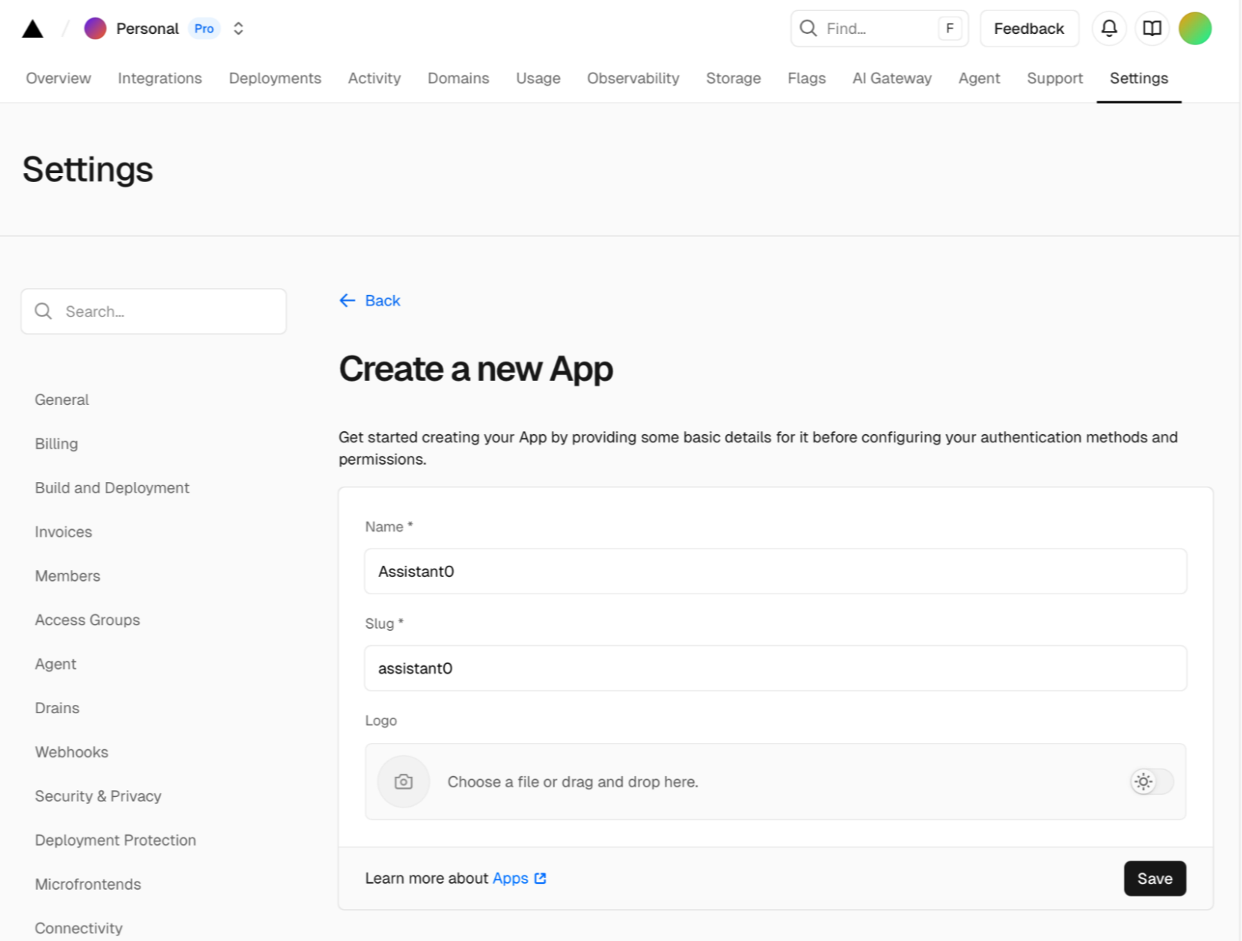 Vercel Create New App Screen