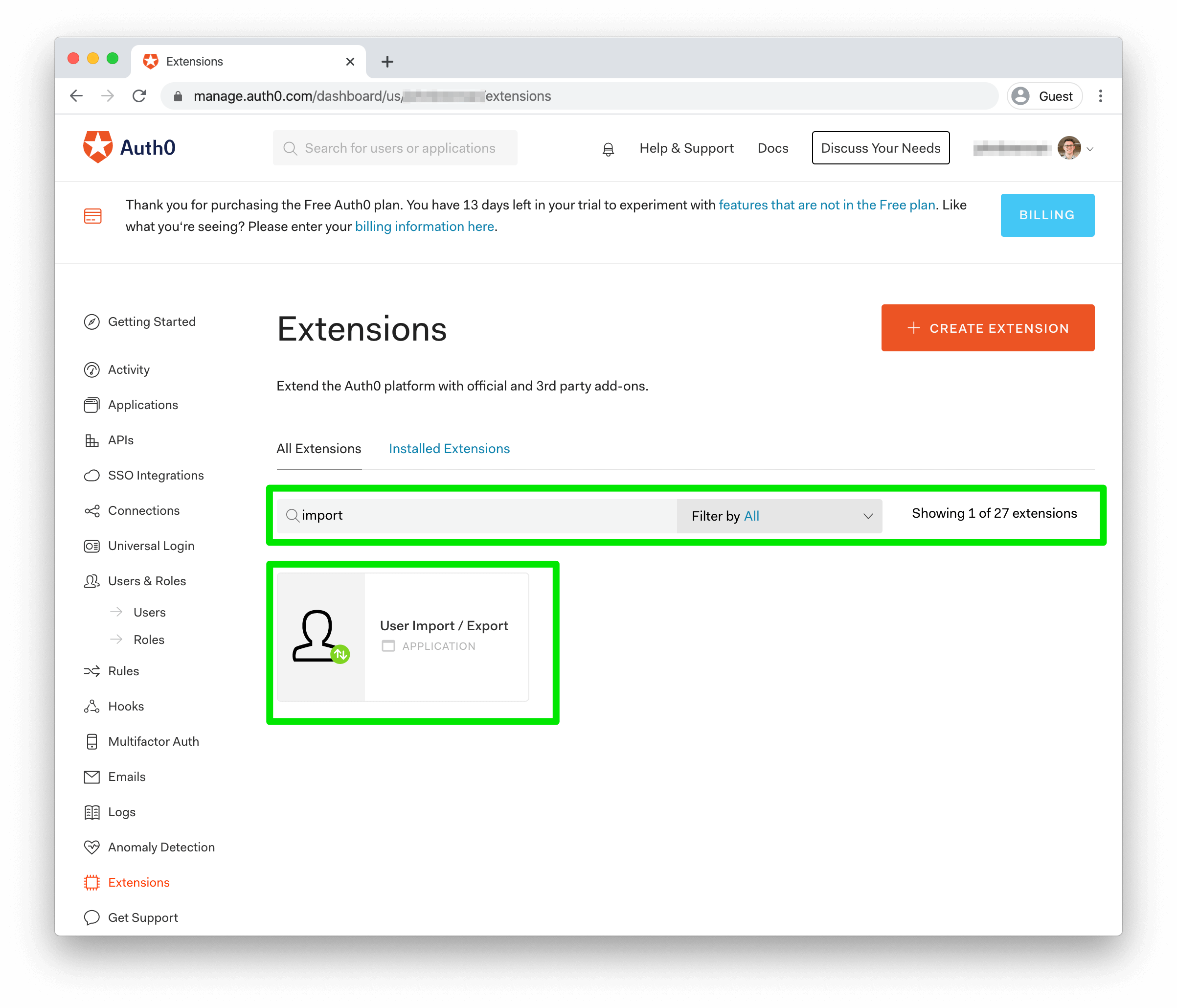 Auth0 extensions page using name filter