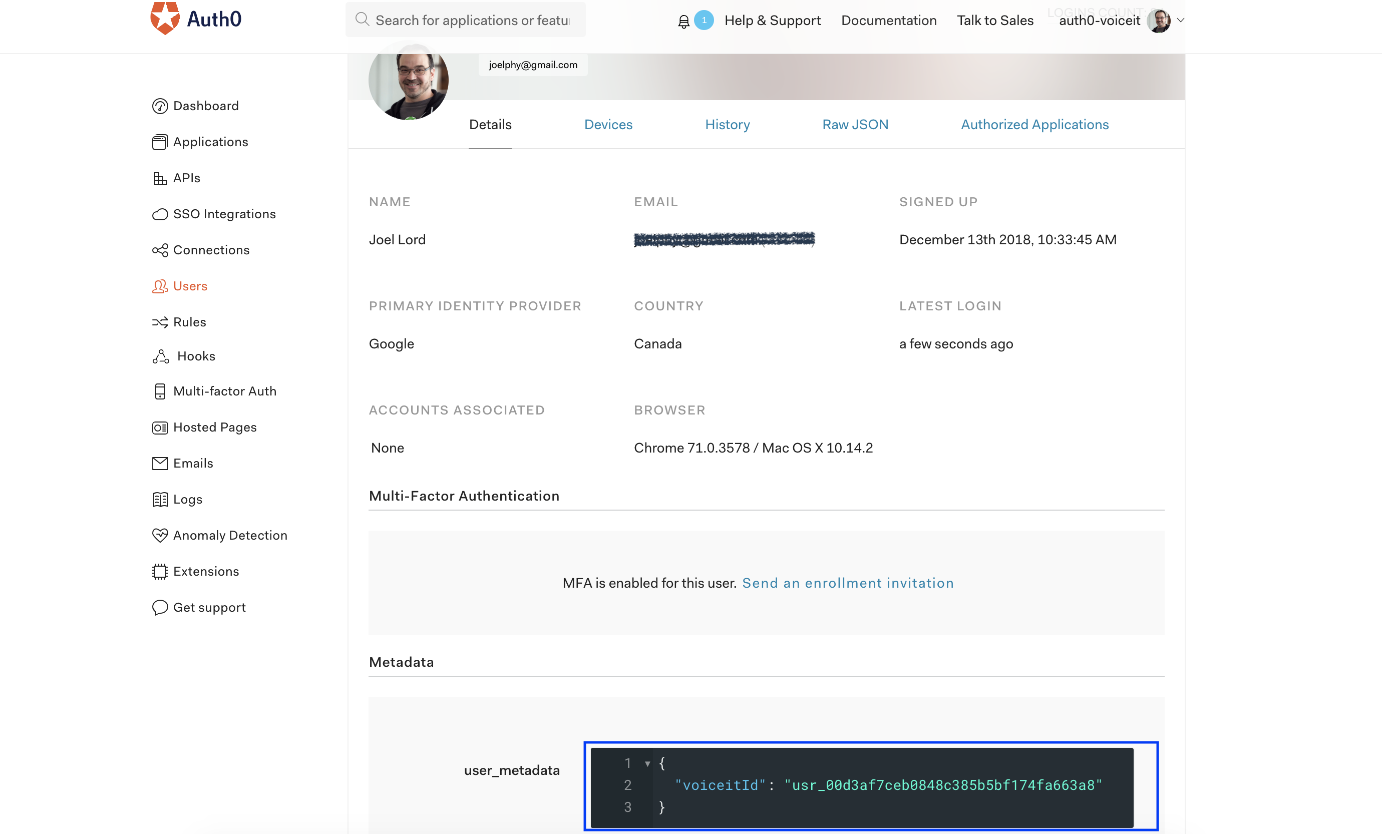 voiceitId added to Auth0 user metadata