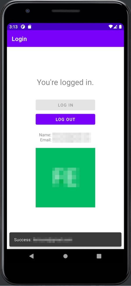 The app in its “logged in” state. The “Log In” button is disabled, the “Log Out” button is enabled, and the app’s other controls are visible.