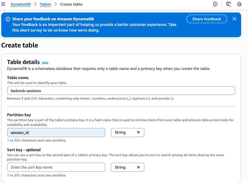 AWS: Enter a table name and partition key