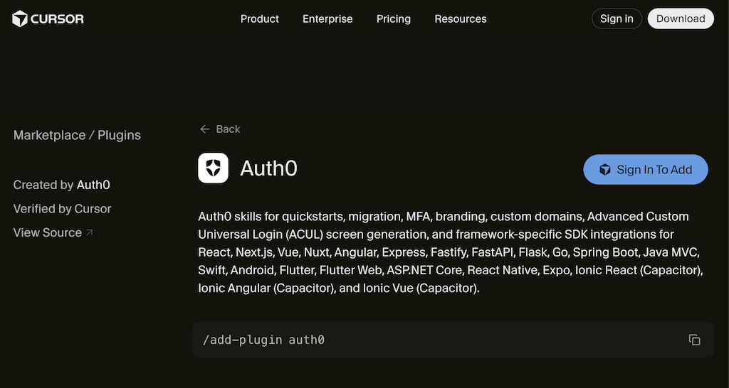 The Auth0 plugin listing in the Cursor marketplace, ready to add