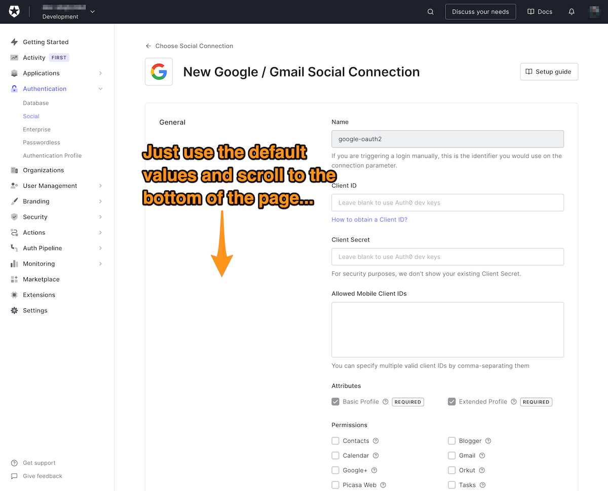 The “New Google/Gmail Social Connection” page in the Auth0 dashboard, with instructions to scroll to the bottom of the page.