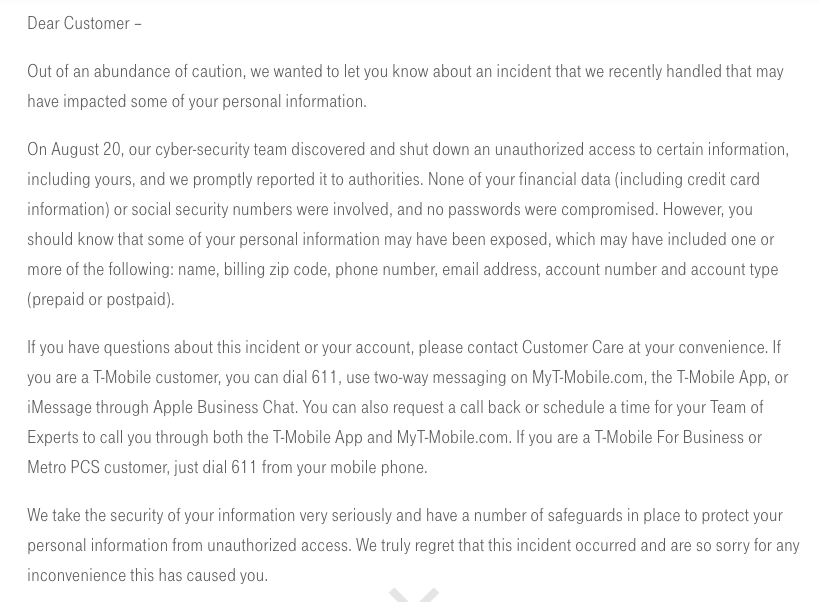 T-Mobile data breach press release