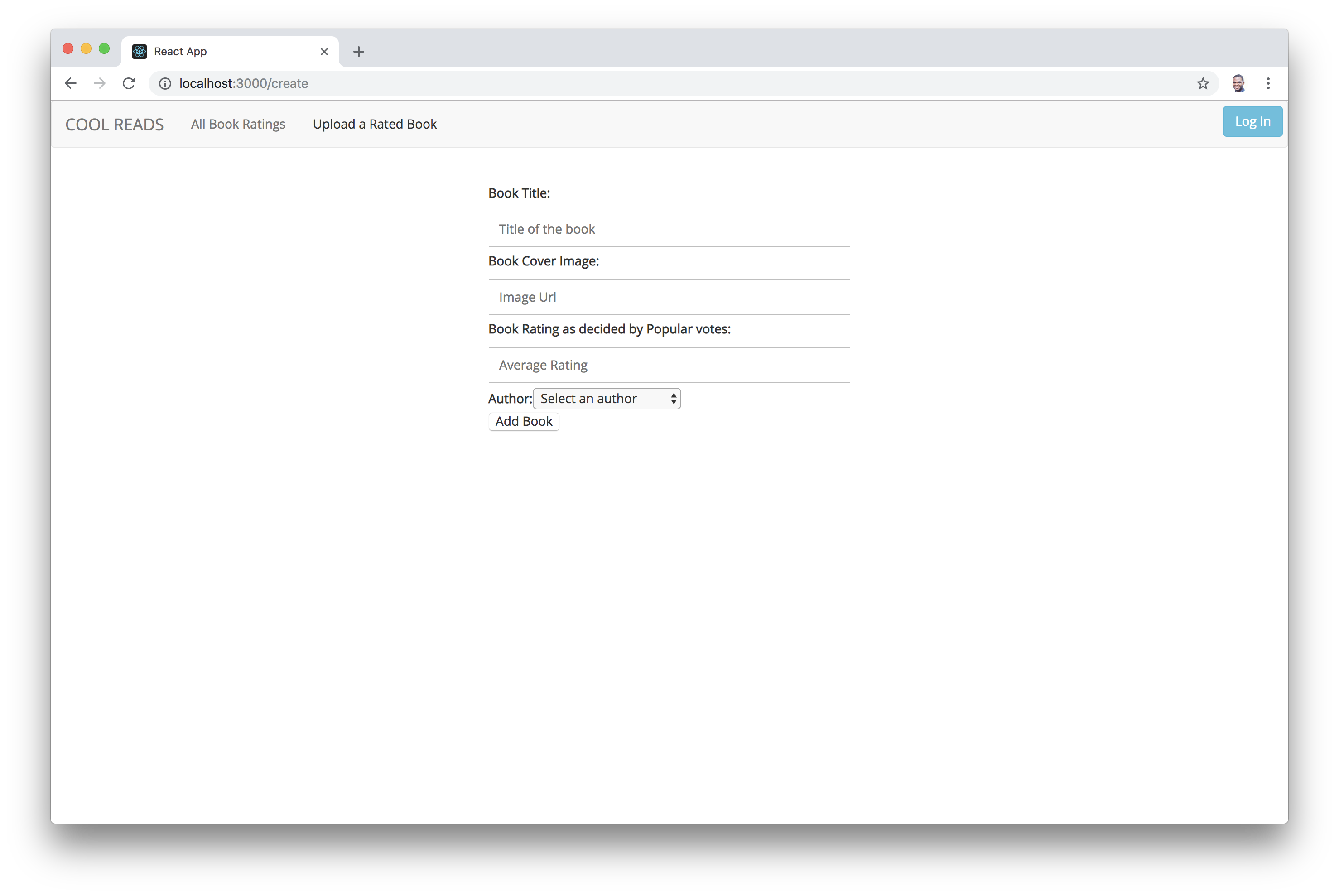React App locally showing our create book component page
