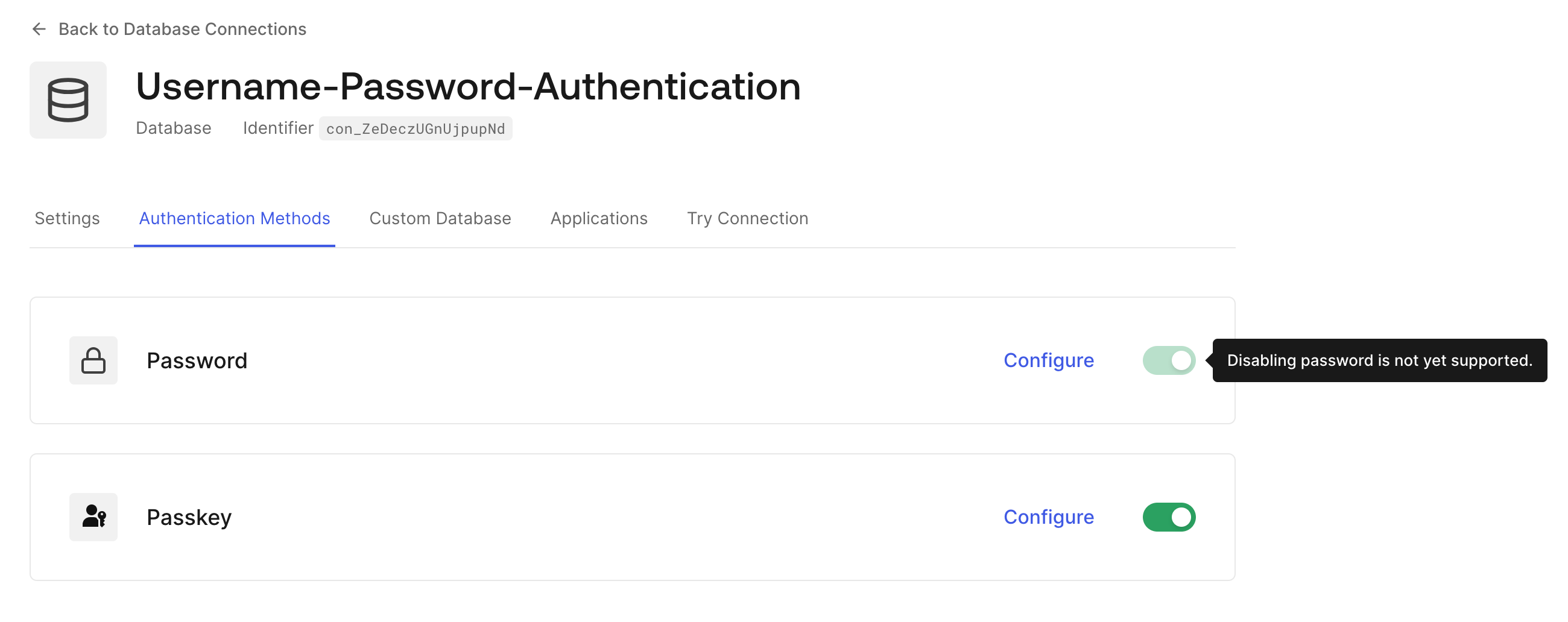 Username-Password DB Connection on passkeys config page