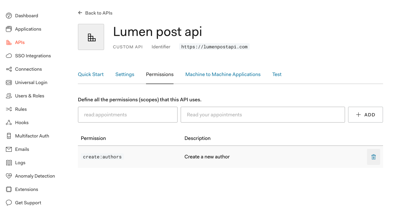 Auth0 API permissions dashboard