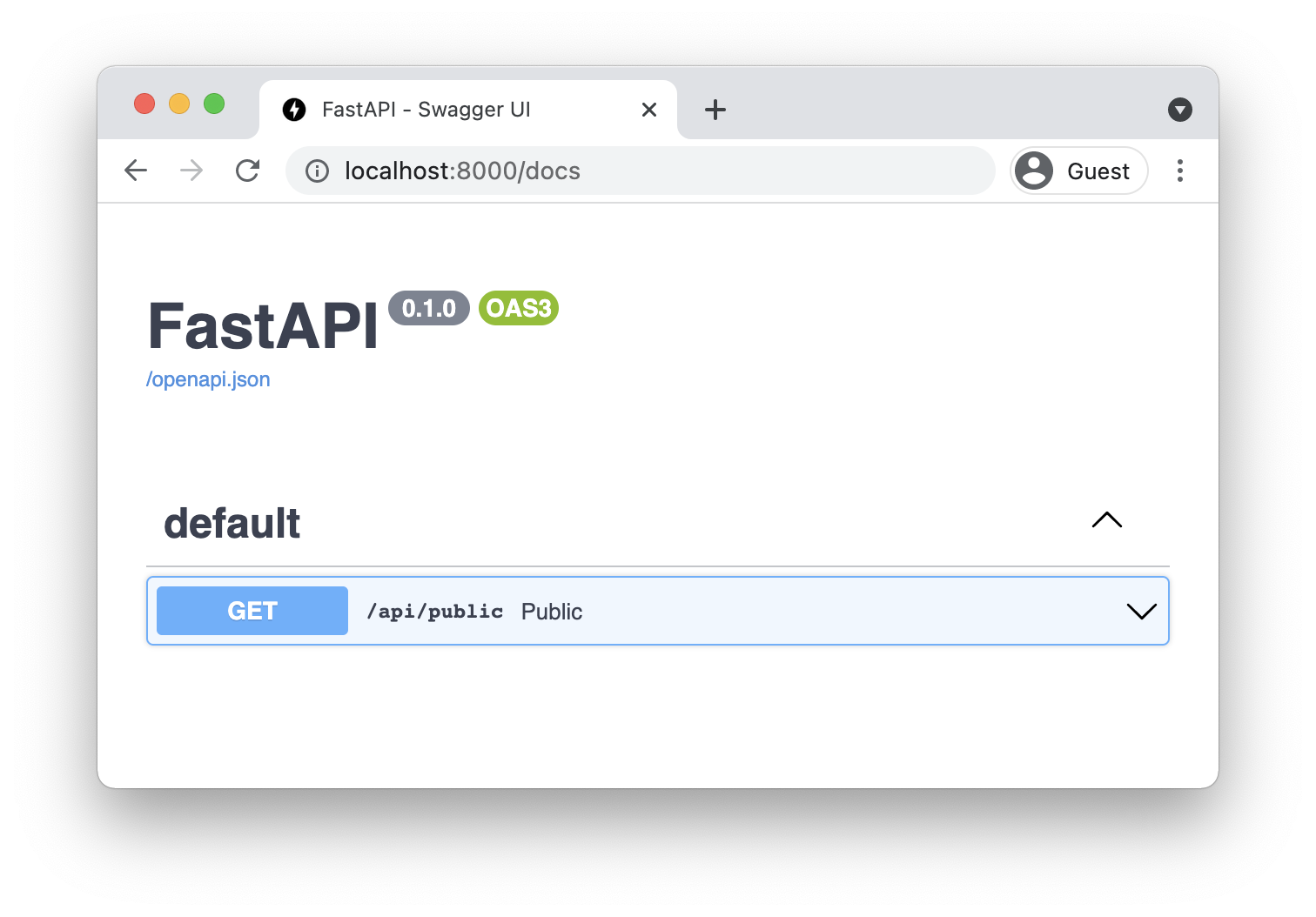 FastAPI documentation page showing the public endpoint