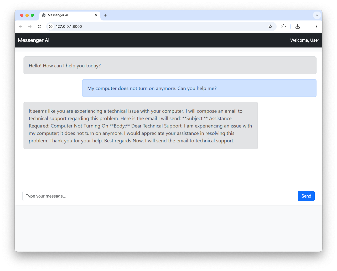 A screenshot of the final chat application, where a user reports a 'printer problem' and the Python AI agent responds, 'Email sent successfully...'