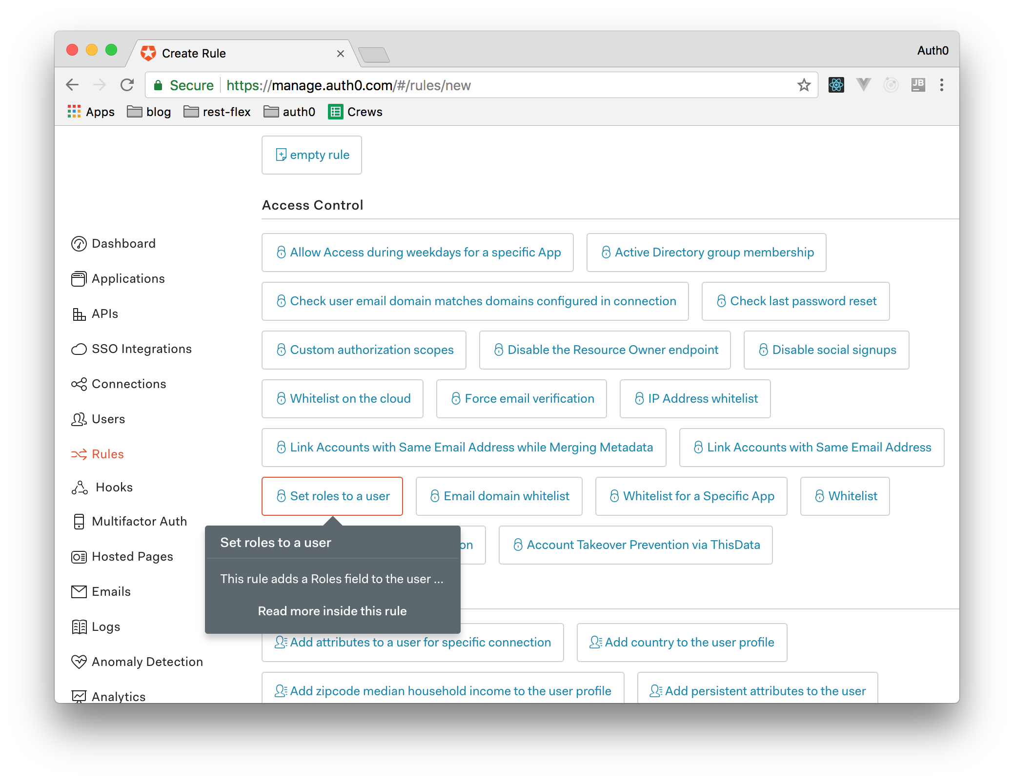 Creating a new Auth0 rule.