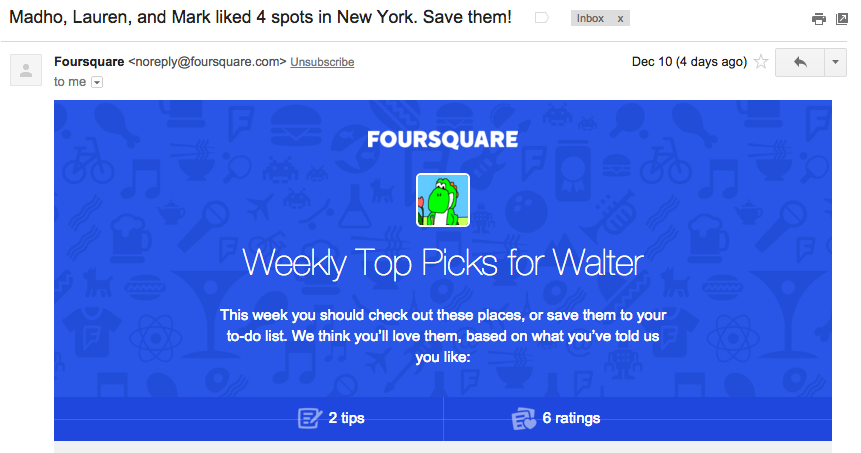 Foursquare personalized email