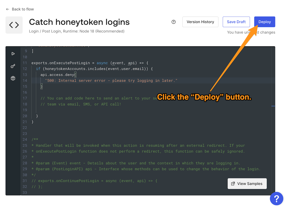 Auth0 Actions code editor displaying the code for the "Catch honeytoken logins" Action, with instructions to click the "Deploy" button.