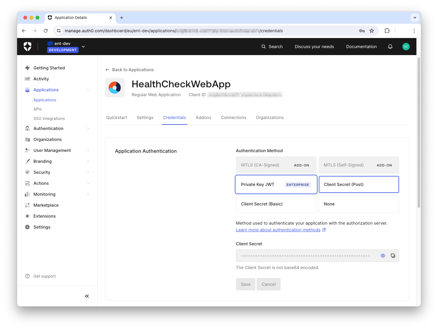 Private Key JWT credentials in the Auth0 dashboard