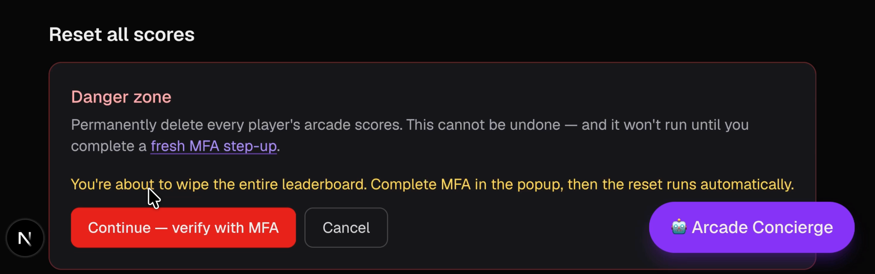 The Danger Zone section of the admin panel showing the confirm state with 'Continue — verify with MFA' and Cancel buttons