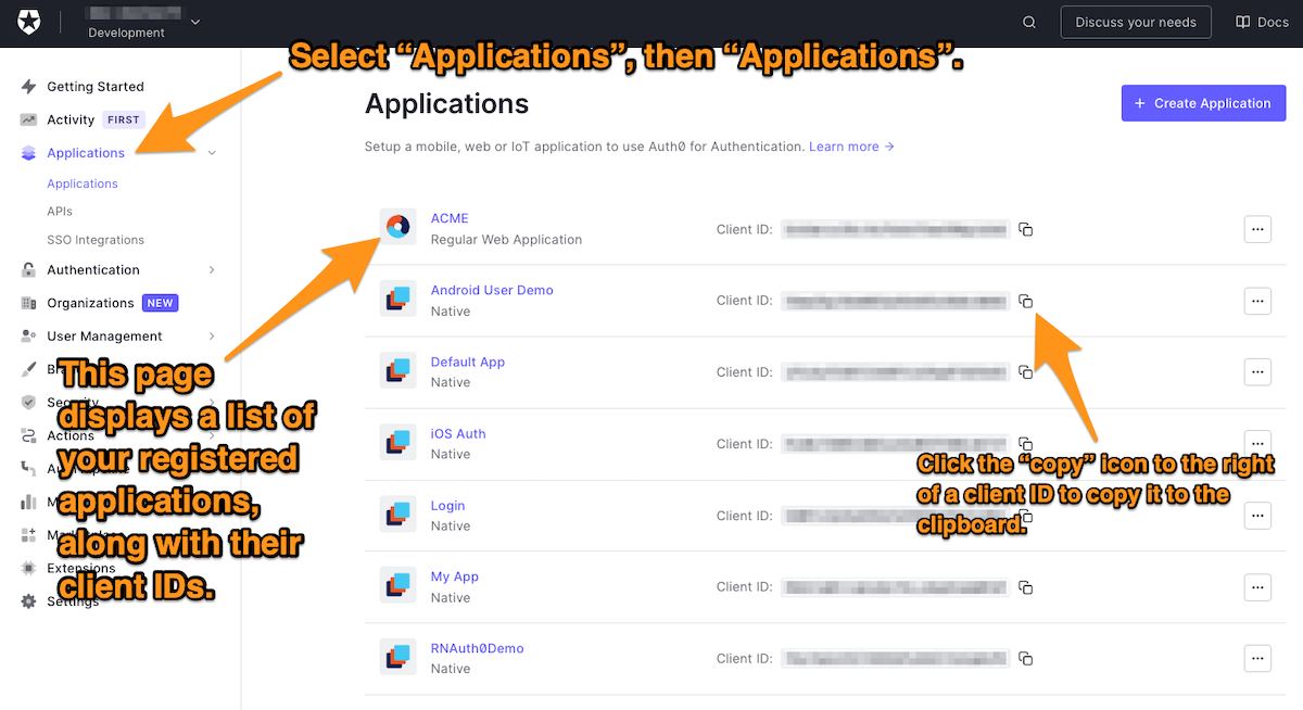 Copying a client ID from the “Applications” page.