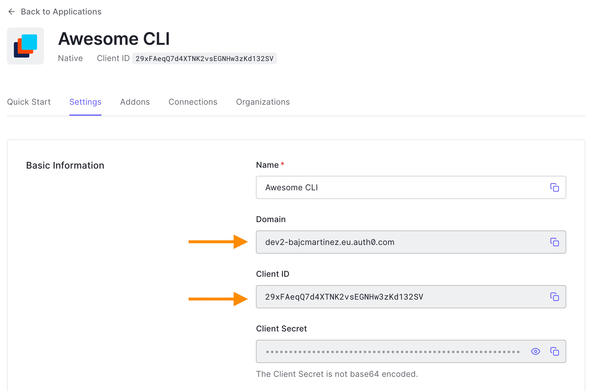 Capture the Auth0 Domain and Client Id from the application's settings page