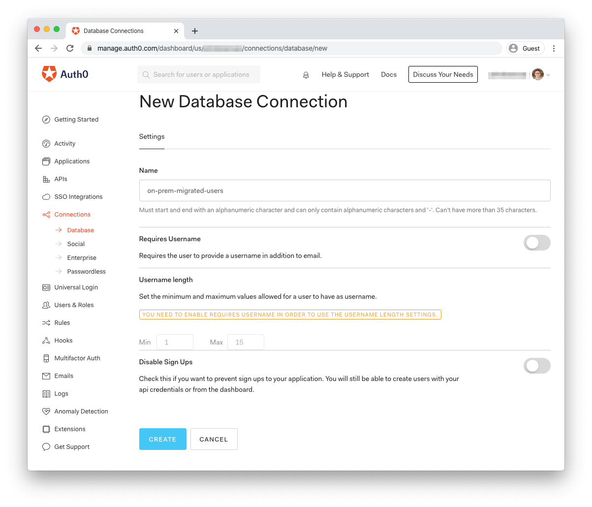 Auth0 DB Connection Creation Form