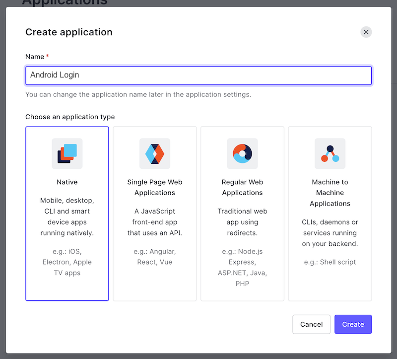 The “Create application” dialog. The application’s name is set to “Android Login” and the selected application type is “Native.”