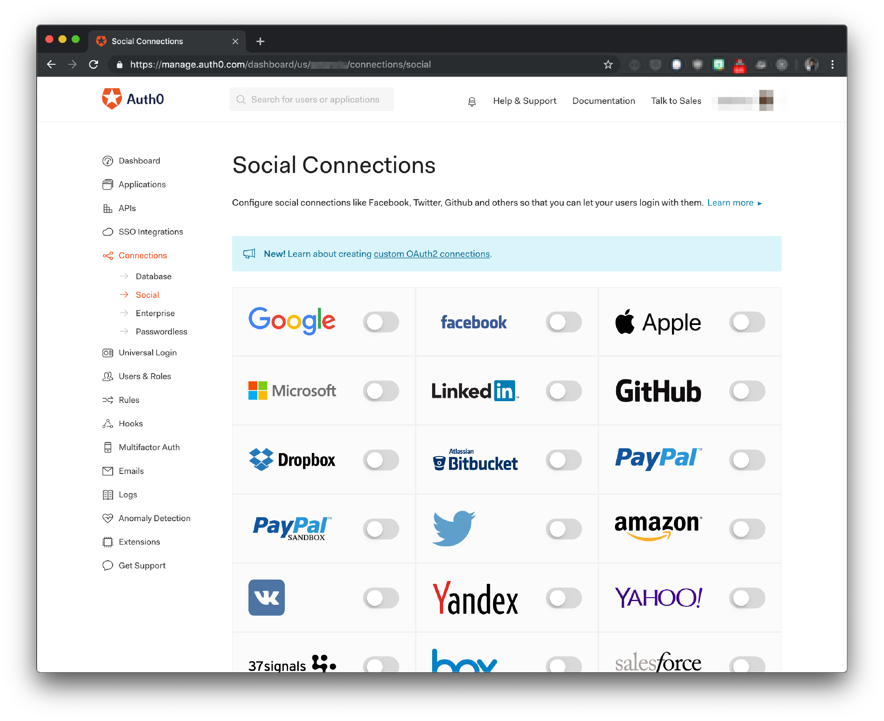 Auth0 Dashboard - Social Connections with Sign In with Apple included