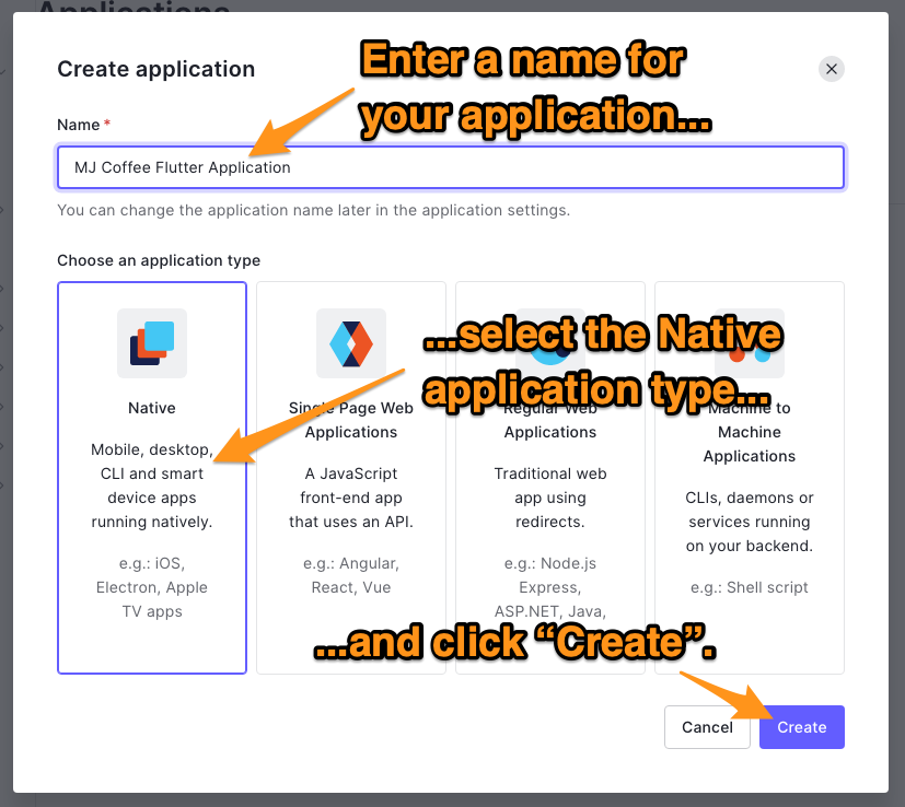 The “Create Application” dialog. The reader is directed to enter a name for the application, select the “Native” application type, and click the “Create” button.
