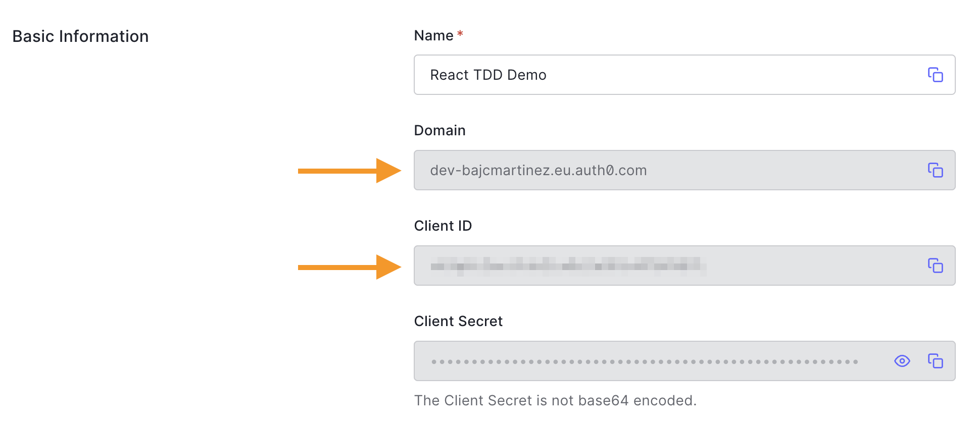 You can retrieve the Auth0 domain and client id from the application's settings