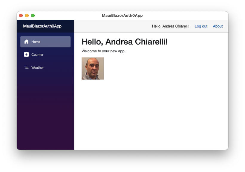 Blazor MAUI screen with user profile