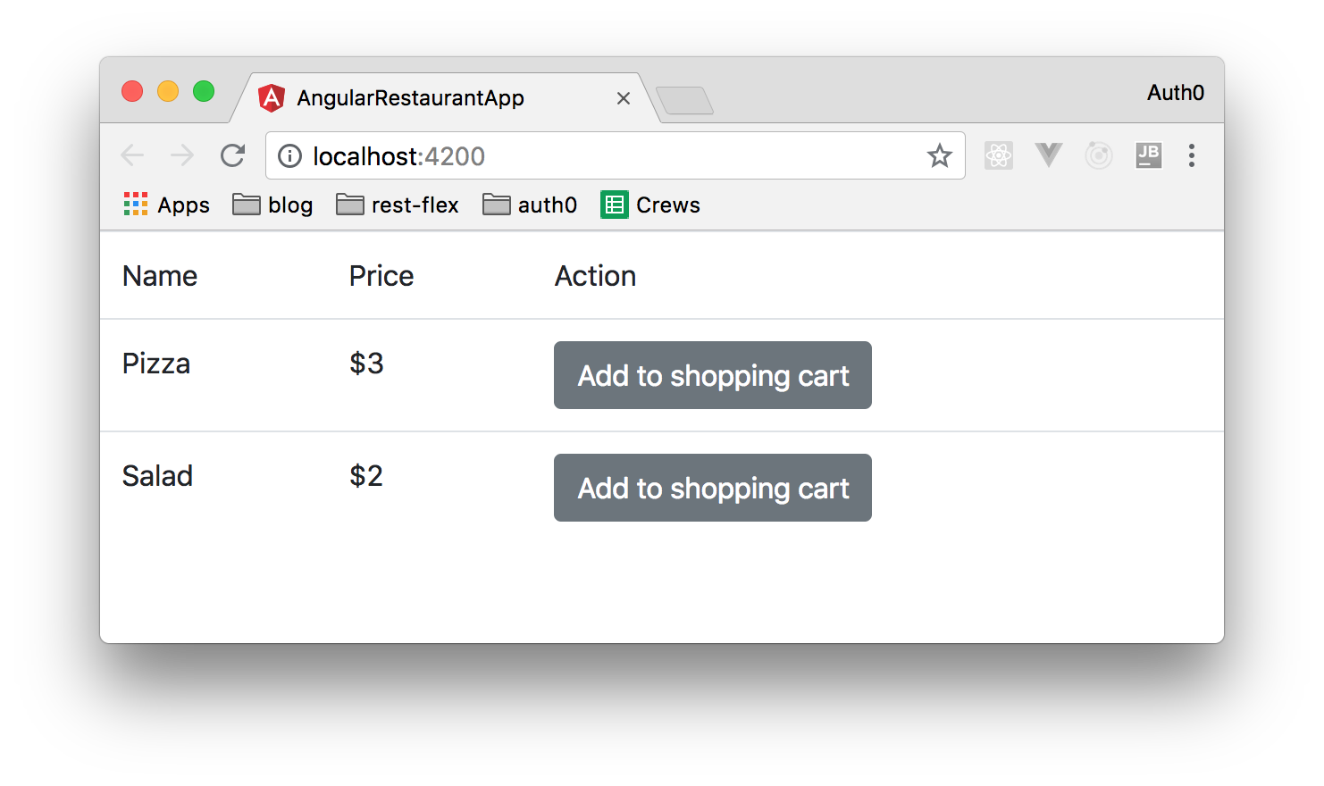 Localhost Angular web app displaying a table of items