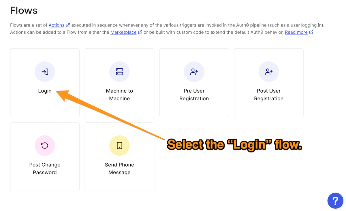 Auth0 "Flows" page, showing instructions to select the "Login" flow.