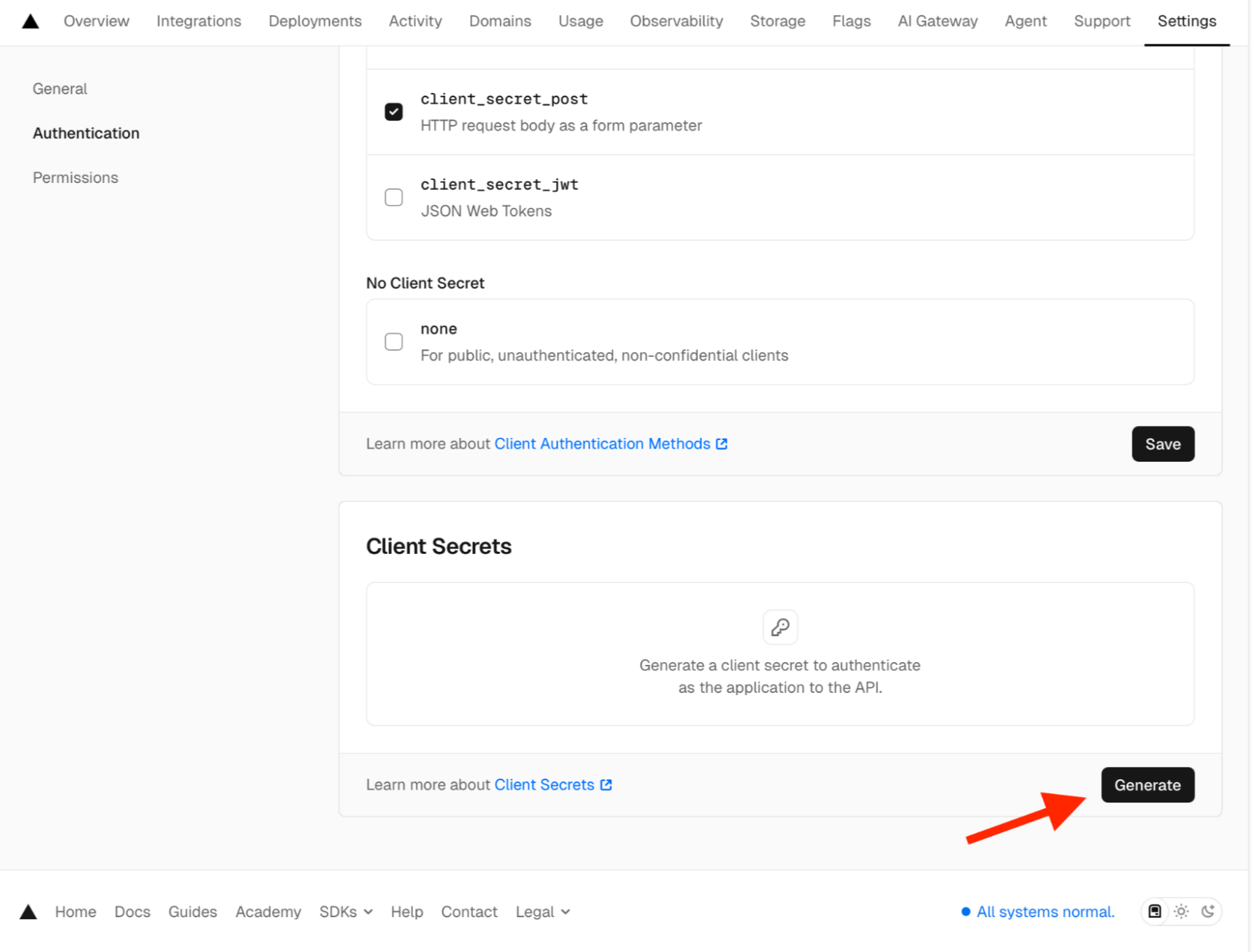 Vercel Authentication Screen Generate Secrets