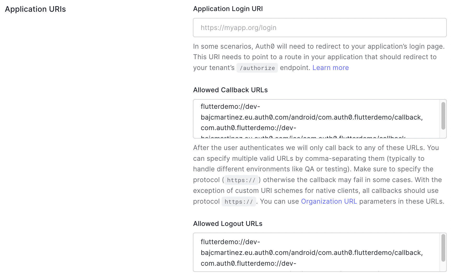 Auth0 Application URIs settings for Flutter apps