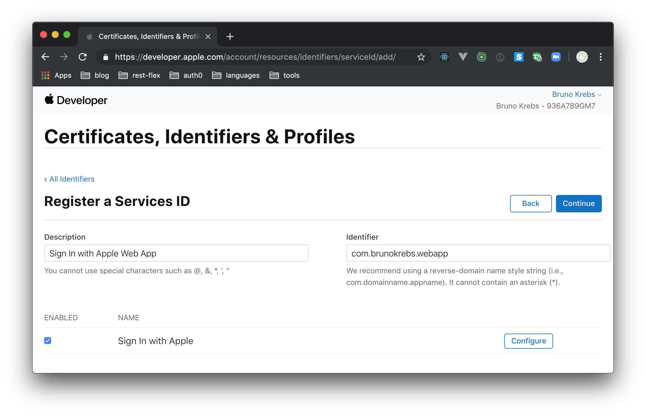 Apple Developer - Register new Service ID, entering identifier and description