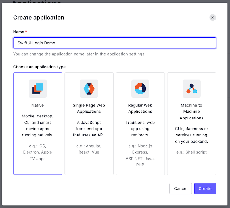 The “Create application” dialog. The application’s name is set to “iOS Auth”, and the selected application type is “Native”.