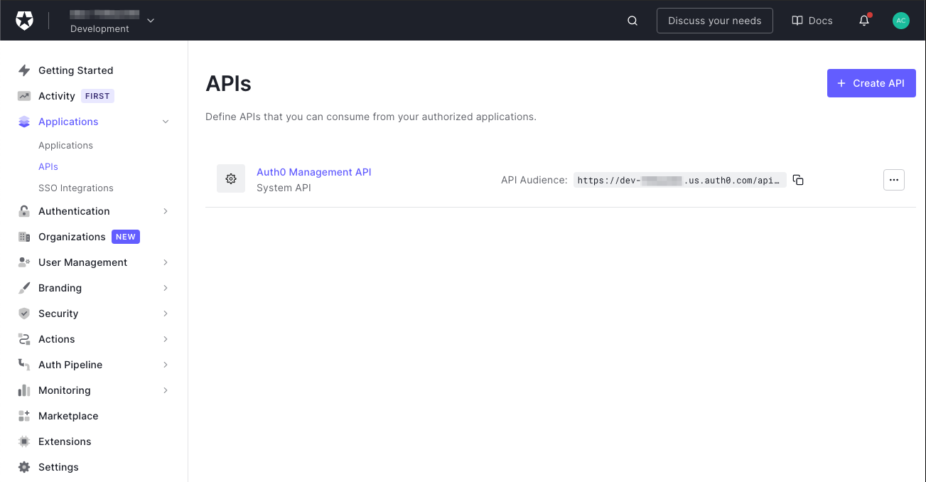 Auth0 dashboard APIs page