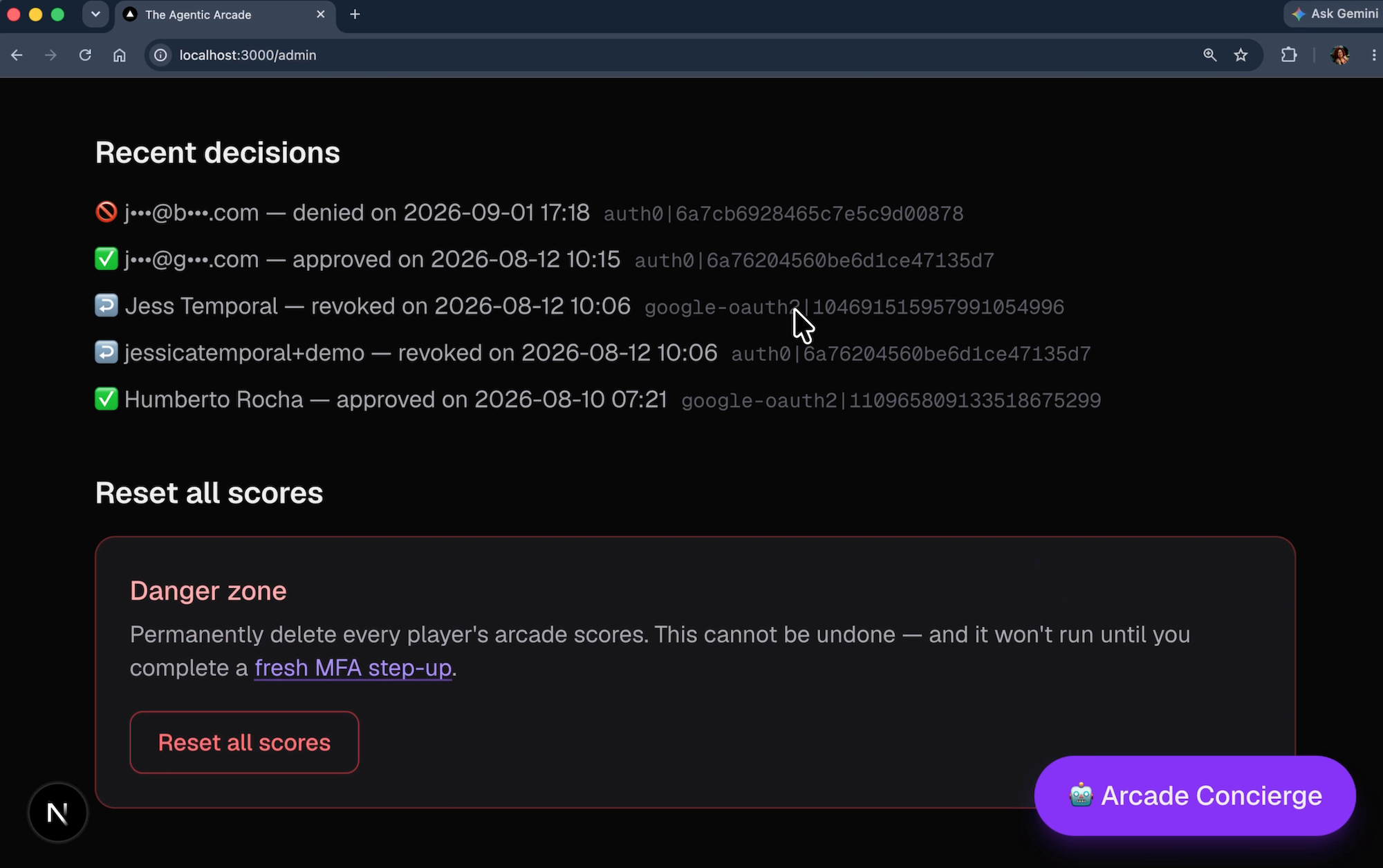 The game-library-demo admin panel showing the Danger Zone section with the Reset all scores confirm button