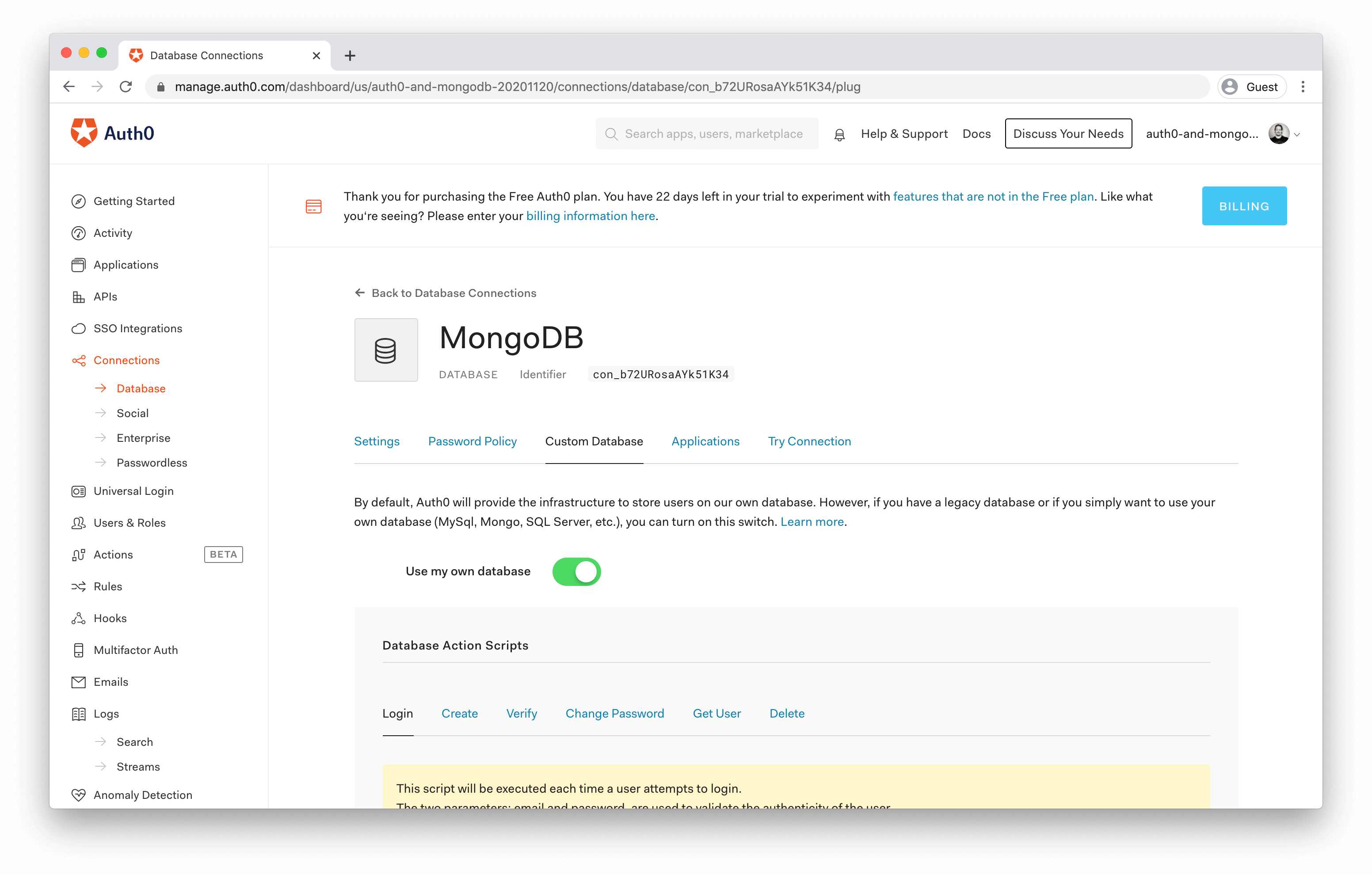 Creating a new Custom Database in Auth0