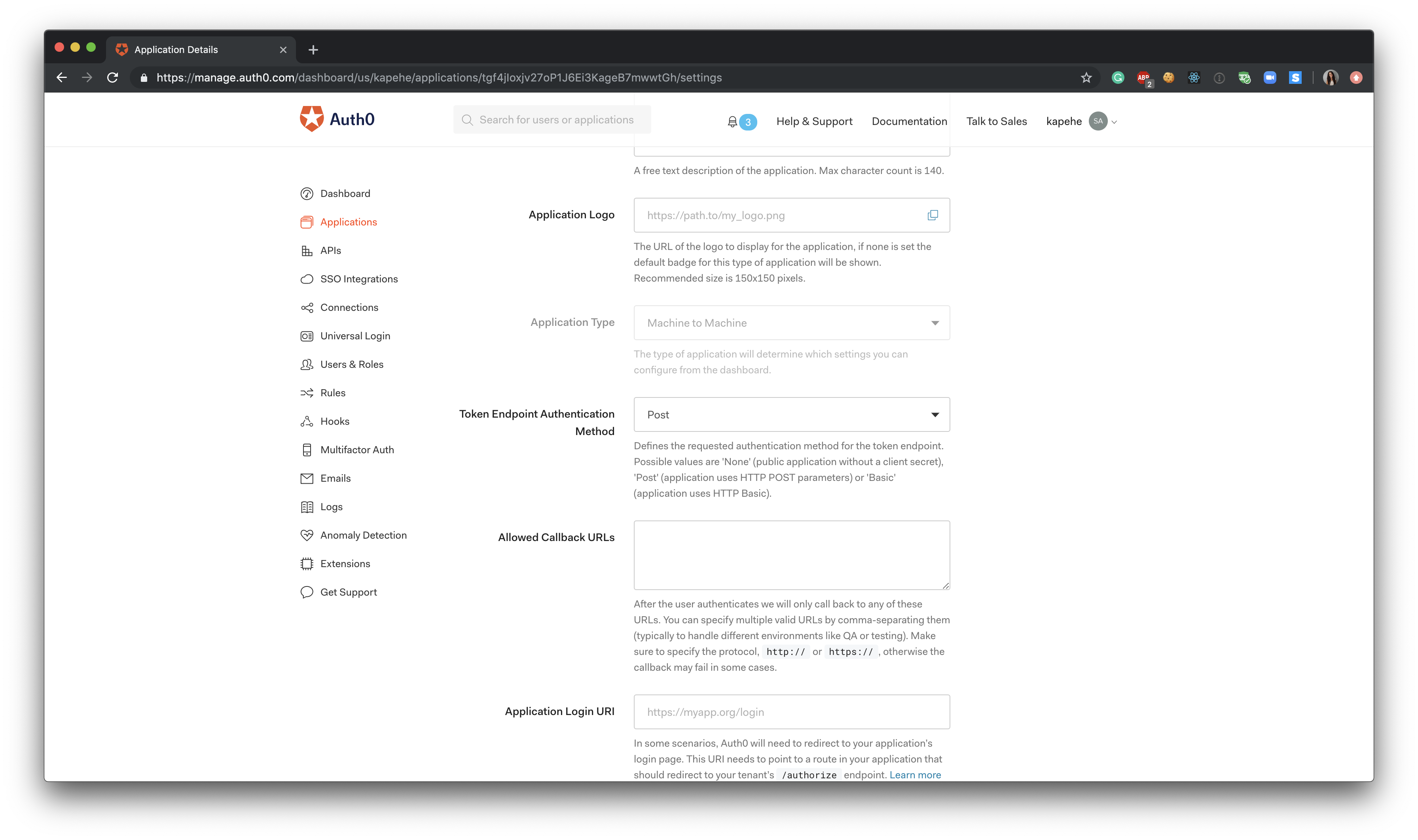 Auth0 Dashboard view of Token Endpoint Authentication Method