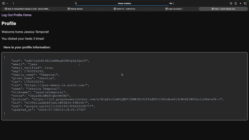 The Flask demo's welcome page after a successful login