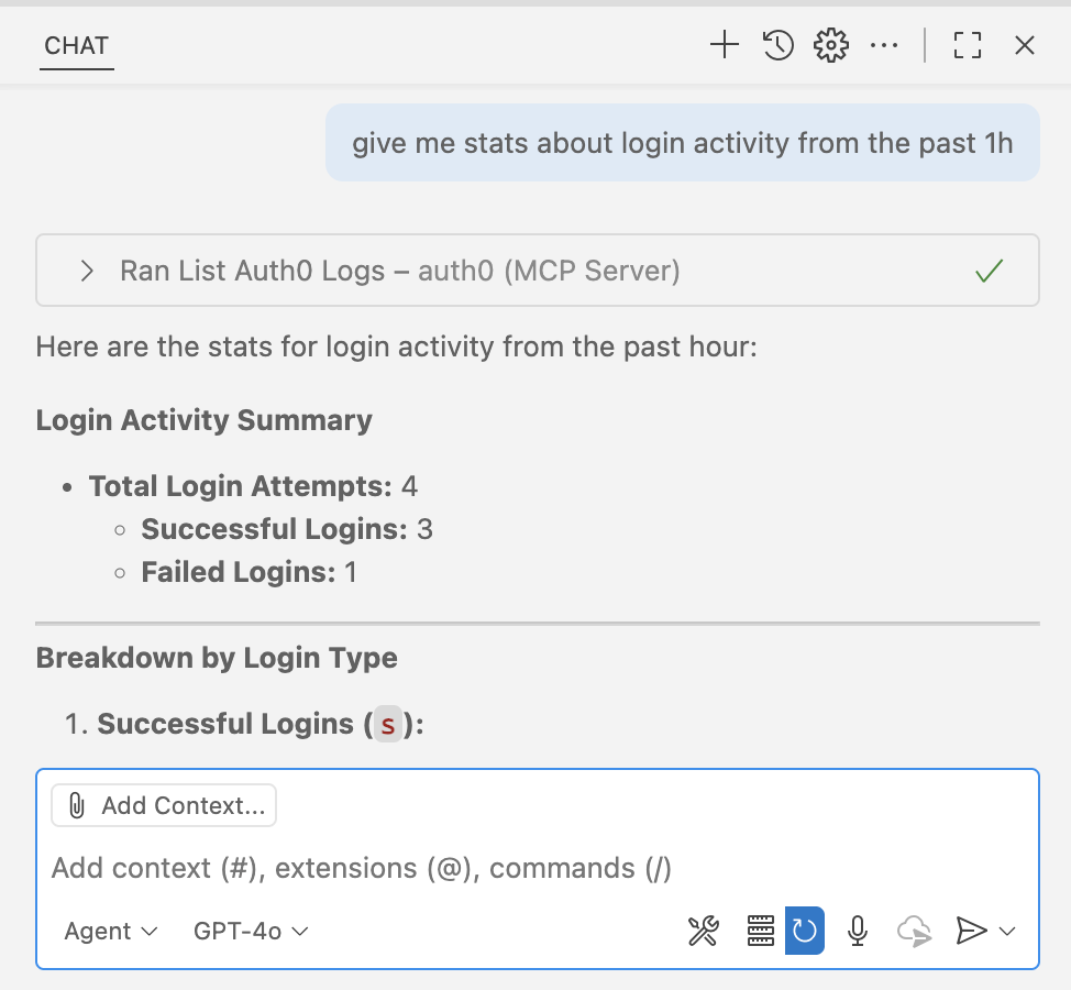 GitHub Copilot Chat showing login activity statistics from the last hour, provided by the Auth0 MCP Server