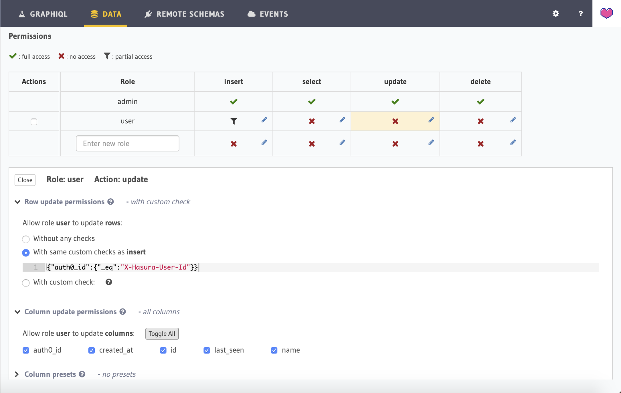 Screenshot showing setting up the user update permissions to be the same as insert