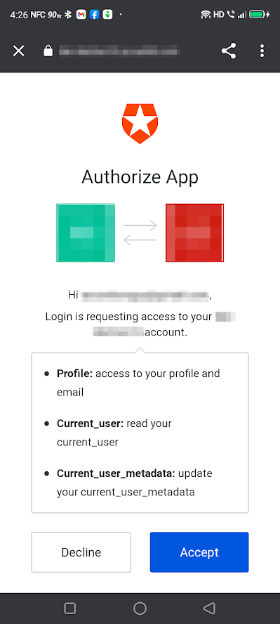 The “Authorize App” screen. It says that the app is requesting access to your user account, particularly the “profile”, “current_user”, and “current_user_metadata” information.