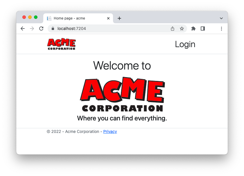 ACME home page with login